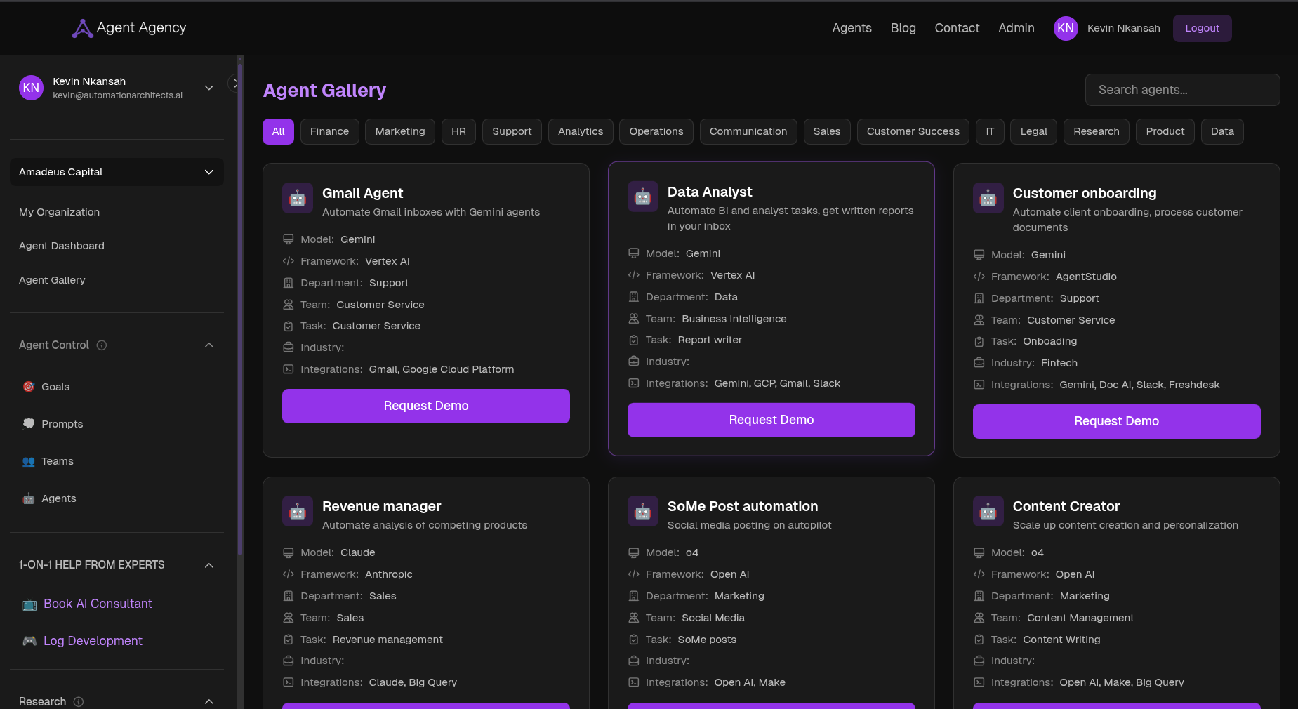 Agent Agency AI Platform Dashboard - AI workforce management interface